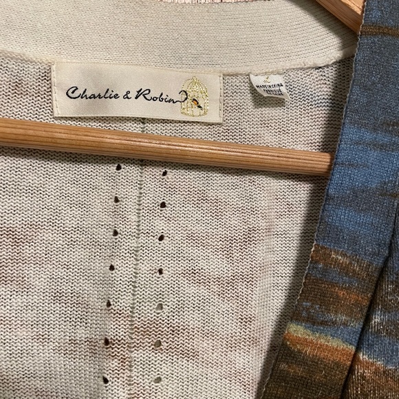 Anthropologie Linen Cotton Cardigan Sweater watercolor impressionist art large - Picture 3 of 7